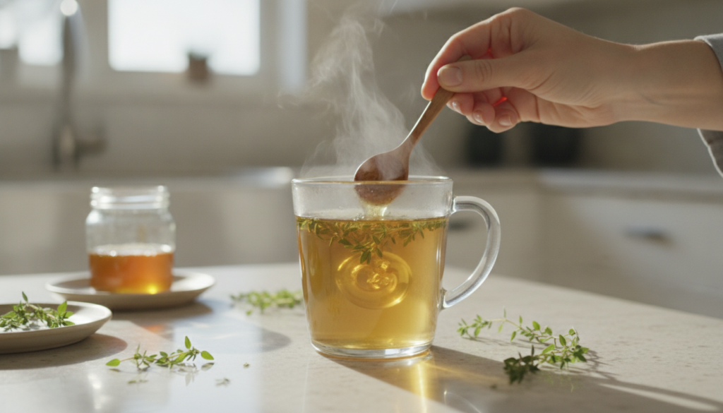 A hand stirring a warm herbal tea made with fresh thyme and honey in a clear mug steam rising on a bright kitchen counte