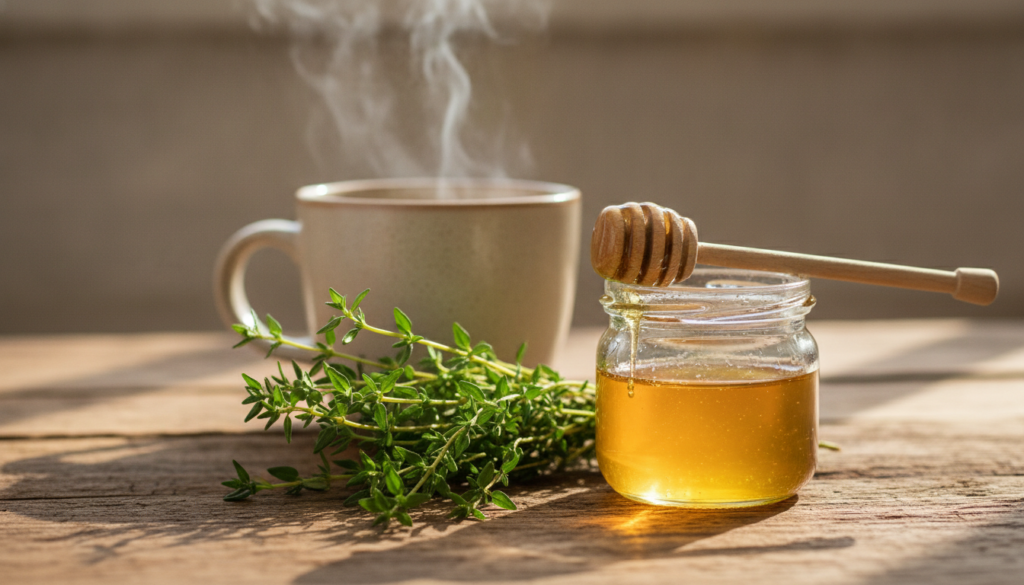 Close-up of fresh thyme sprigs and a jar of golden honey on a rustic wooden table with warm steam gently rising from a m