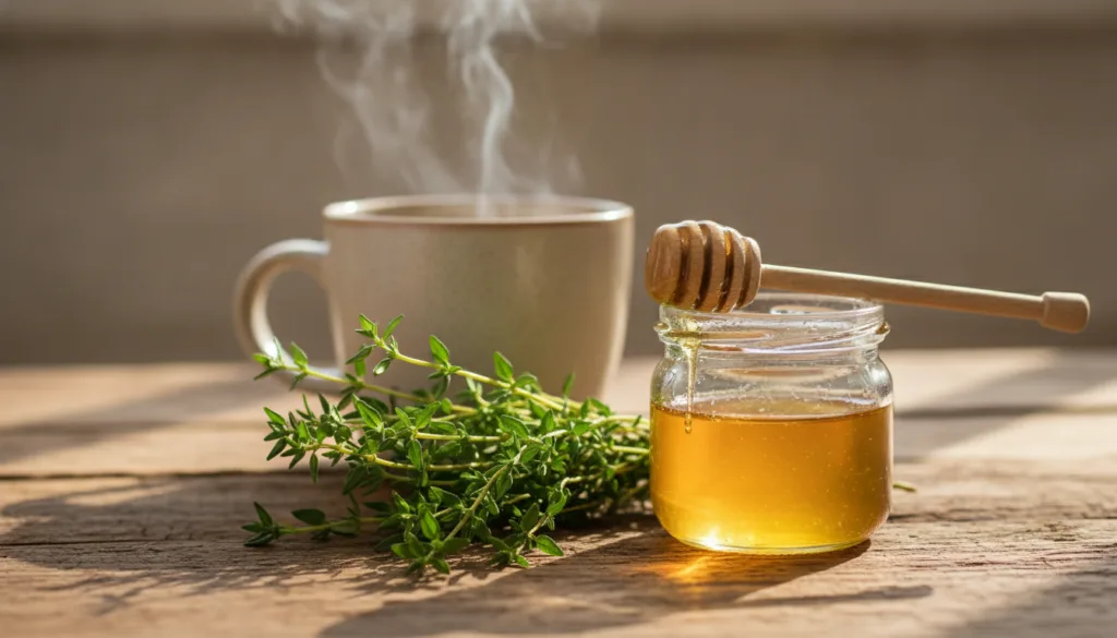 Close-up of fresh thyme sprigs and a jar of golden honey on a rustic wooden table with warm steam gently rising from a m