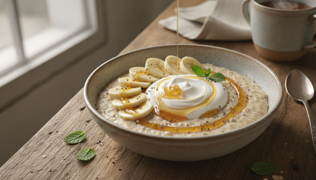 A beautiful inviting breakfast bowl filled with oatmeal topped with sliced bananas a dollop of plain yogurt and a drizzl
