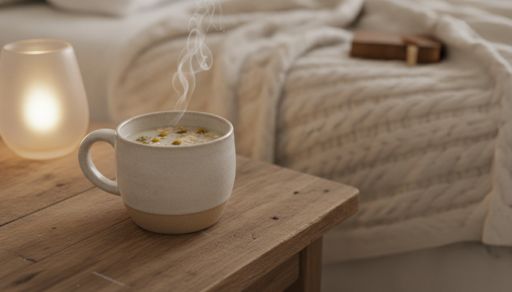 A cozy mug of chamomile and oat milk tea steaming gently on a bedside table with a soft blanket and dim warm lighting