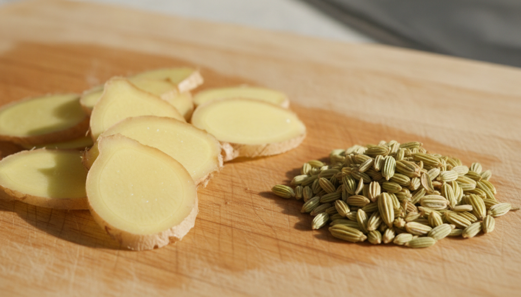Close-up of fresh ginger slices and whole fennel seeds ready for making tea