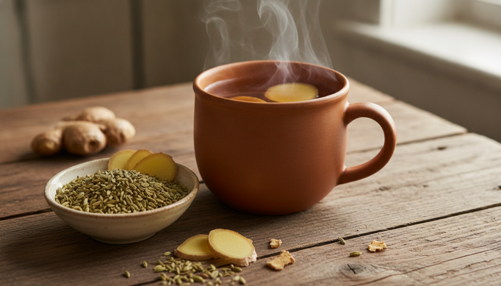 A cozy scene with a warm mug of ginger and fennel tea steam rising on a wooden table next to a bowl of fennel seeds and