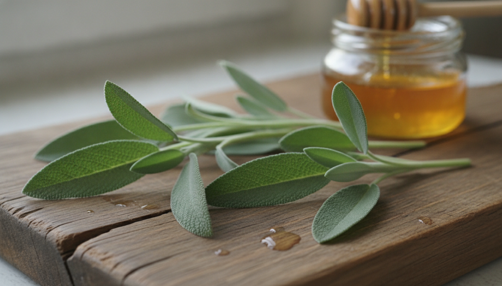 Close-up of fresh green sage leaves on a wooden cutting board with a jar of golden honey in the background