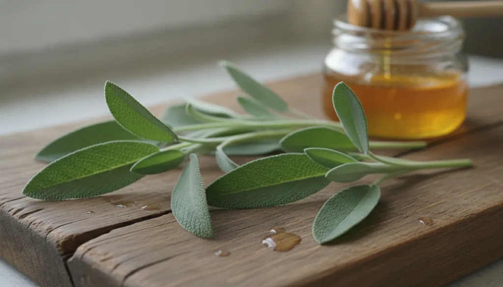 Close-up of fresh green sage leaves on a wooden cutting board with a jar of golden honey in the background