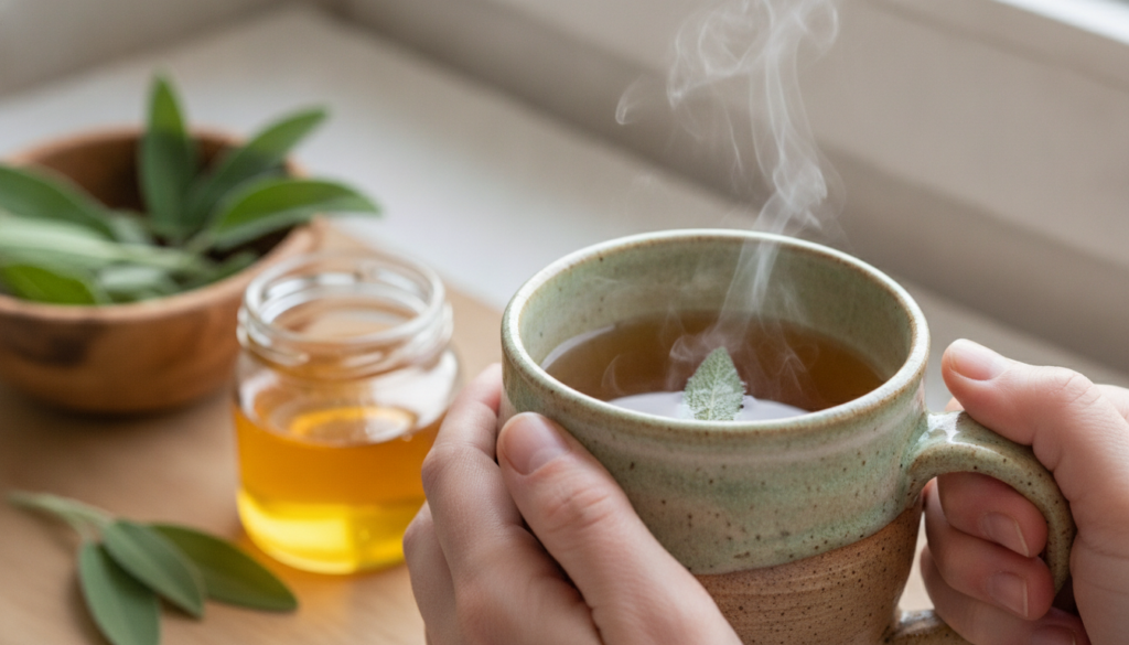 Hands holding a mug of warm sage and honey tea with a small bowl of fresh sage leaves and a honey jar in the blurred bac