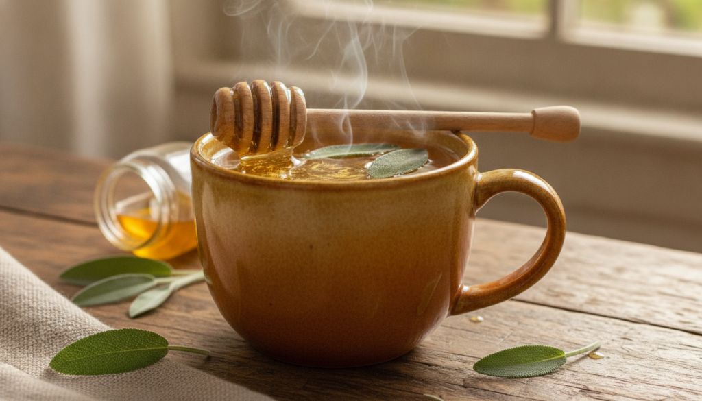 A close-up of a warm mug with a honey and sage elixir with fresh sage leaves and a honey dipper nearby on a rustic woode