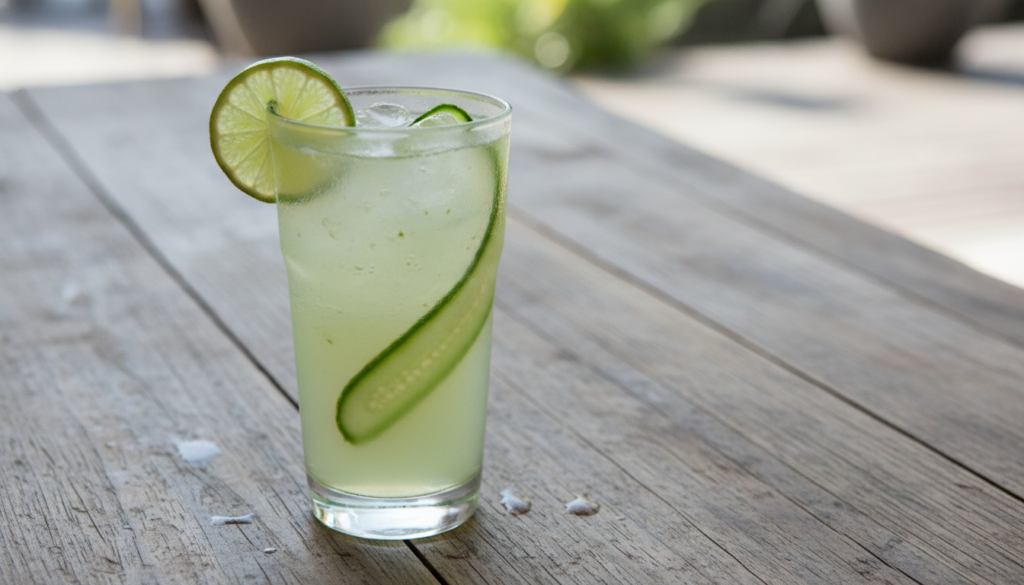 A tall glass filled with a light green refreshing drink made from coconut water cucumber and lime garnished with a lime 