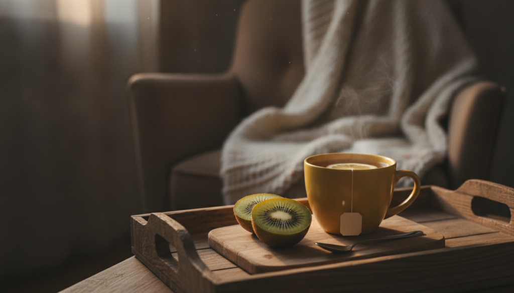 A warm cup of chamomile tea next to a sliced kiwi fruit on a wooden tray with a soft cozy blanket in the background sugg