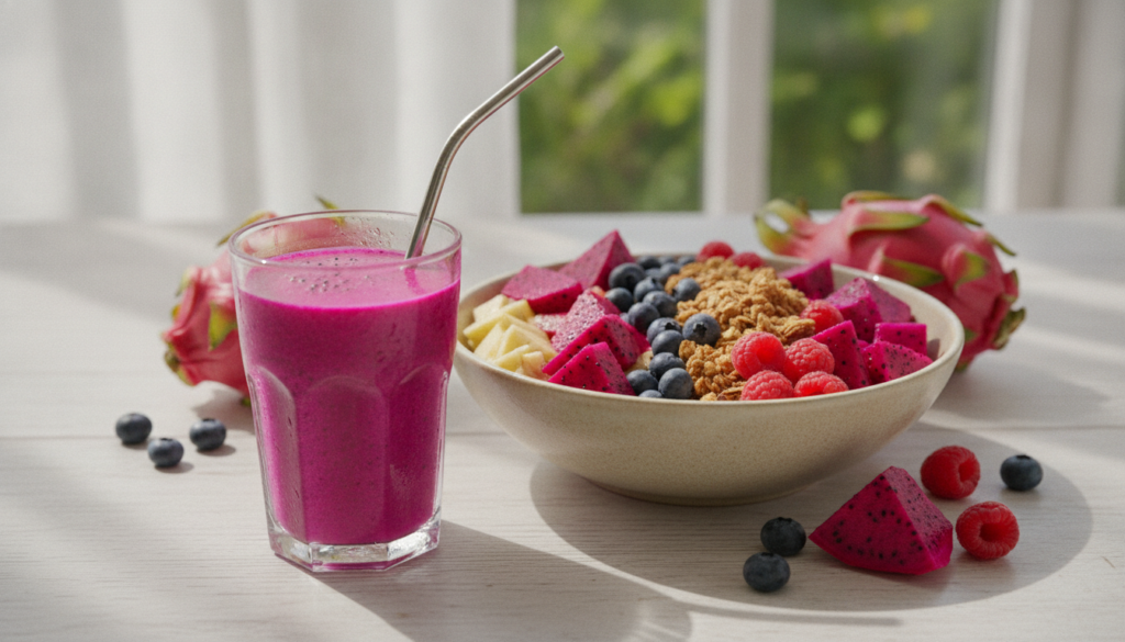 A colorful smoothie with dragon fruit and mixed fruit bowl with dragon fruit on top