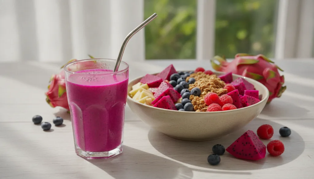 A colorful smoothie with dragon fruit and mixed fruit bowl with dragon fruit on top