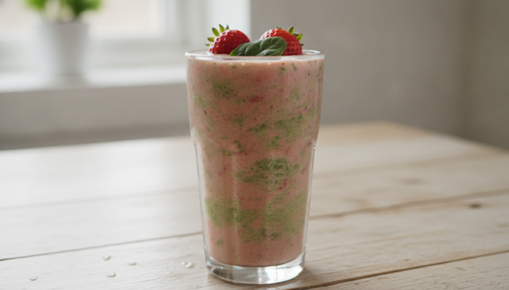 A vibrant creamy smoothie in a glass garnished with fresh spinach and strawberries with Greek yogurt visible on a light 