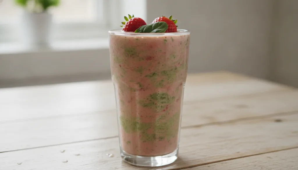 A vibrant creamy smoothie in a glass garnished with fresh spinach and strawberries with Greek yogurt visible on a light 