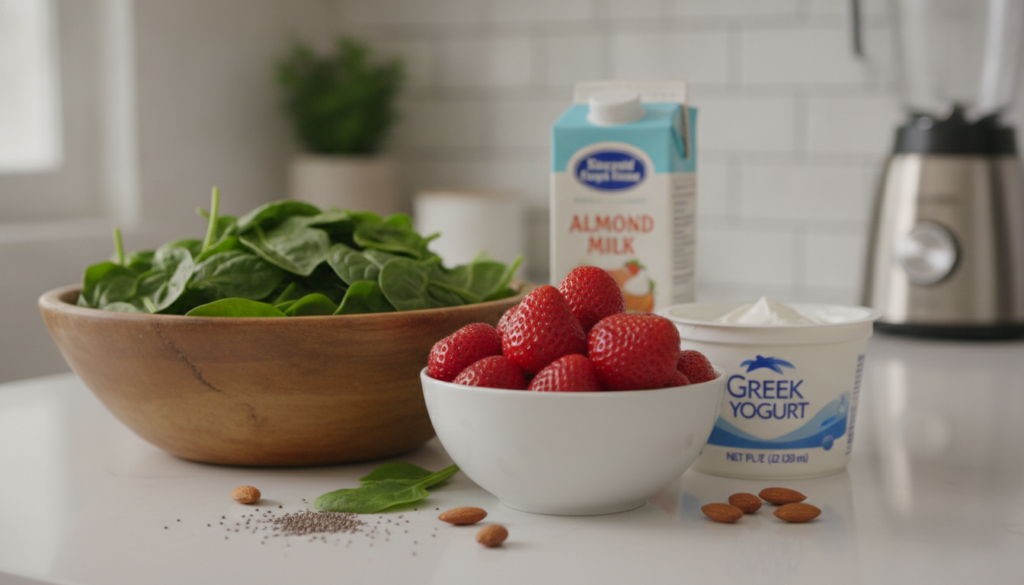 Various fresh ingredients for a smoothie laid out on a kitchen counter a bowl of fresh spinach a bowl of bright red stra