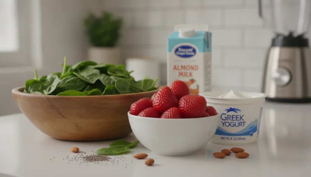 Various fresh ingredients for a smoothie laid out on a kitchen counter a bowl of fresh spinach a bowl of bright red stra