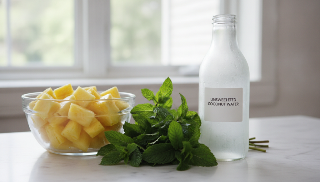 Ingredients laid out for a coconut water pineapple and mint cooler fresh pineapple chunks a bottle of coconut water and 