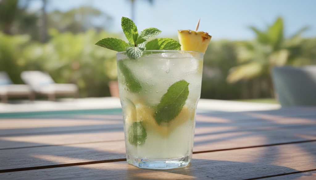 A vibrant refreshing glass of coconut water pineapple and mint cooler garnished with fresh mint leaves and a slice of pi