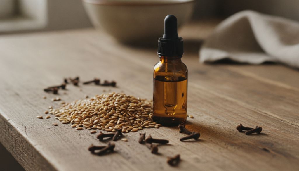 A beautiful arrangement of flax seeds dried cloves and a small amber dropper bottle suggesting a natural skincare remedy