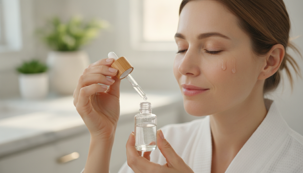 A woman gently applying a few drops of the homemade flaxseed and clove serum to her cheek with a dropper her skin lookin