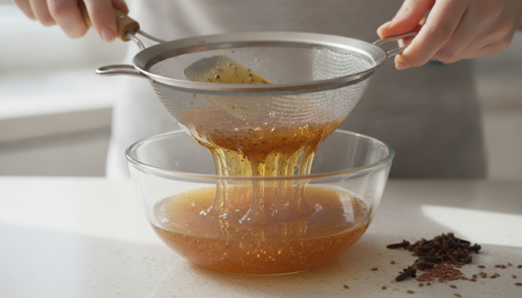 A person s hands gently straining the cooked flaxseed and clove gel through a fine mesh sieve into a glass bowl showcasi