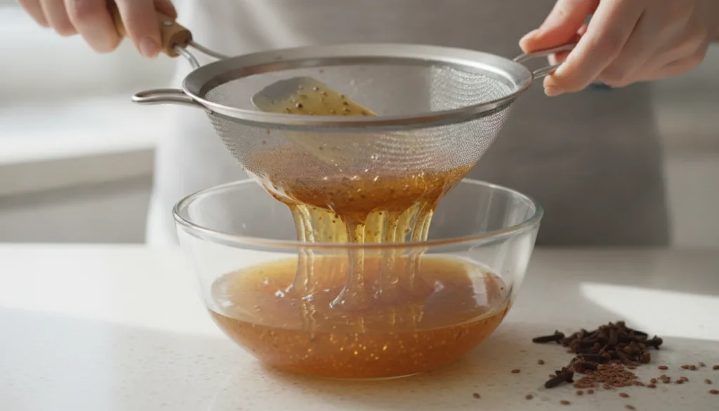 A person s hands gently straining the cooked flaxseed and clove gel through a fine mesh sieve into a glass bowl showcasi