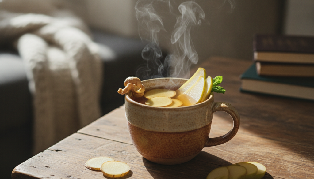 A warm steaming mug of ginger and pear infusion garnished with thin slices of fresh ginger and pear on a rustic wooden t