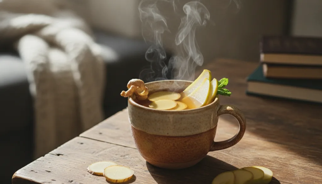 A warm steaming mug of ginger and pear infusion garnished with thin slices of fresh ginger and pear on a rustic wooden t