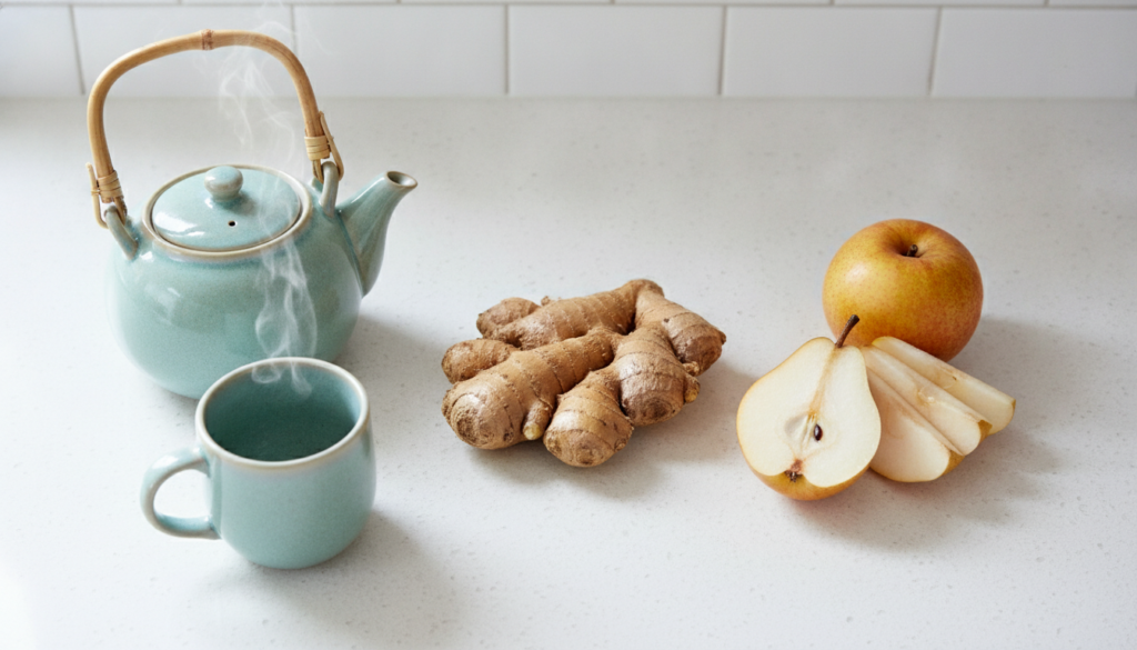 Ingredients laid out for a ginger and pear infusion fresh ginger root a sliced ripe pear and a teapot or mug in a bright