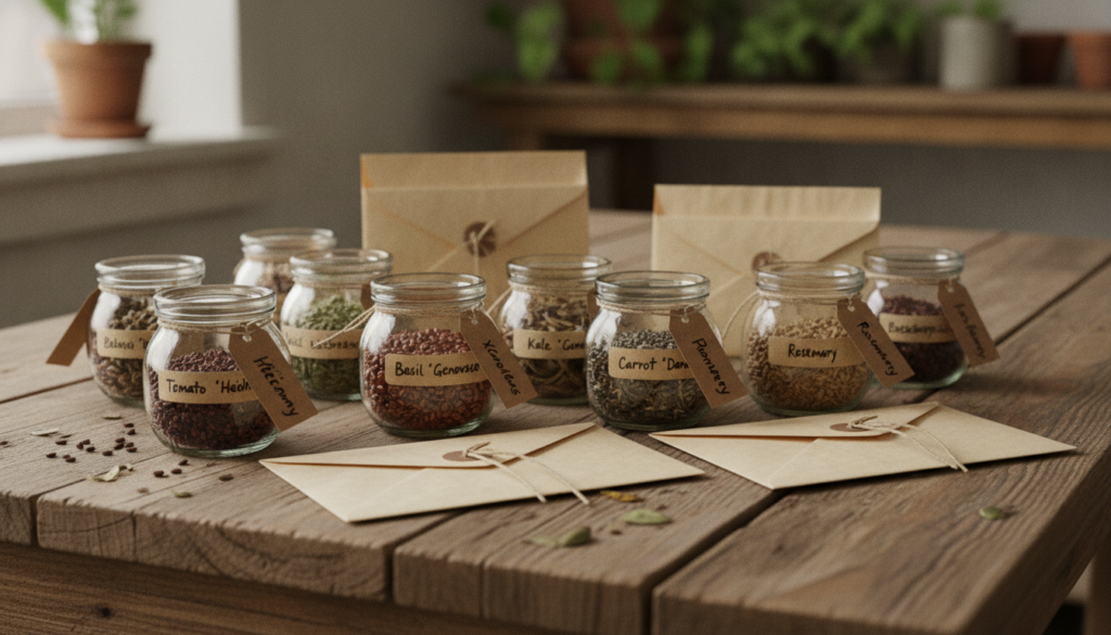 A collection of various dried vegetable and herb seeds in small labeled jars and envelopes arranged neatly on a wooden t