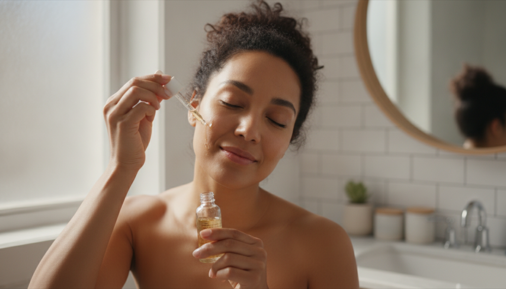 A woman gently applying a few drops of the homemade serum to her cheek with a dropper her eyes closed in a moment of sel