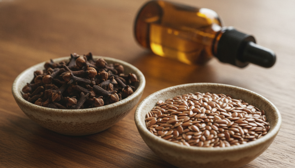 A close-up of dried cloves and flax seeds in separate small bowls with a small glass dropper bottle containing a golden 