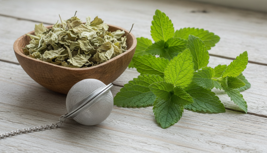 Close-up of dried lemon balm leaves in a small wooden bowl alongside a tea infuser and fresh lemon balm sprigs