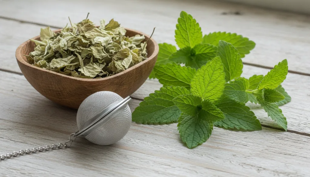 Close-up of dried lemon balm leaves in a small wooden bowl alongside a tea infuser and fresh lemon balm sprigs