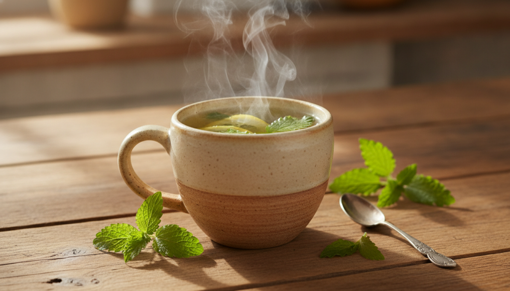 A cozy ceramic mug filled with steaming lemon balm tea with fresh lemon balm leaves floating gently The setting is warm 