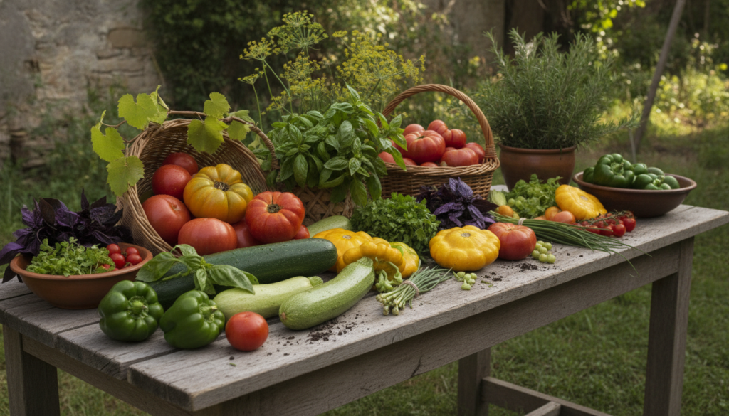 A bountiful display of freshly harvested garden vegetables on a wooden table ready for preservation Includes tomatoes pe