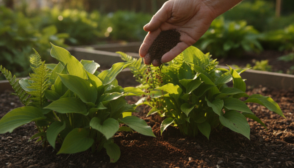 A gardener s hand sprinkling used coffee grounds around the base of lush green plants in a garden bed The soil is dark a