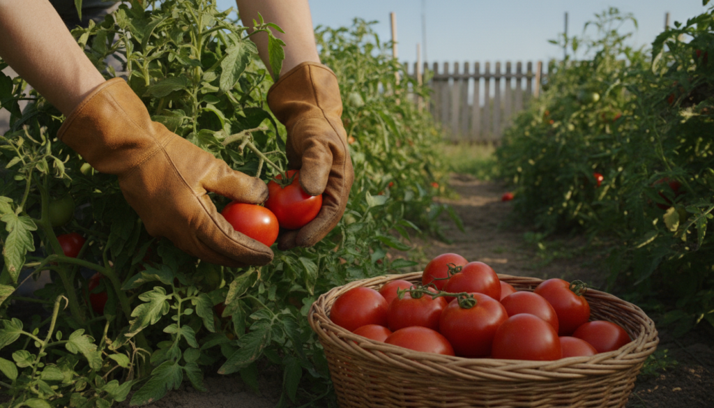 A gardener carefully harvesting ripe tomatoes from a lush garden bed on a sunny morning