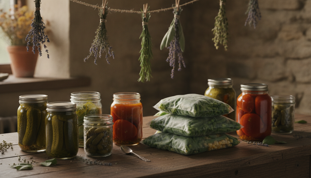An assortment of preserved garden produce including jars of canned goods frozen vegetables in bags and dried herbs arran