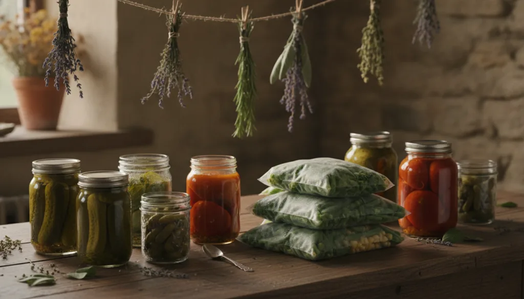 An assortment of preserved garden produce including jars of canned goods frozen vegetables in bags and dried herbs arran