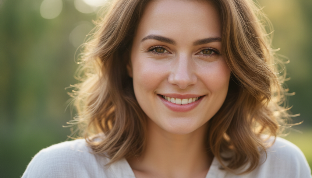 A radiant beautiful woman with clear glowing skin smiling gently conveying natural beauty and youthful vibrancy Her skin