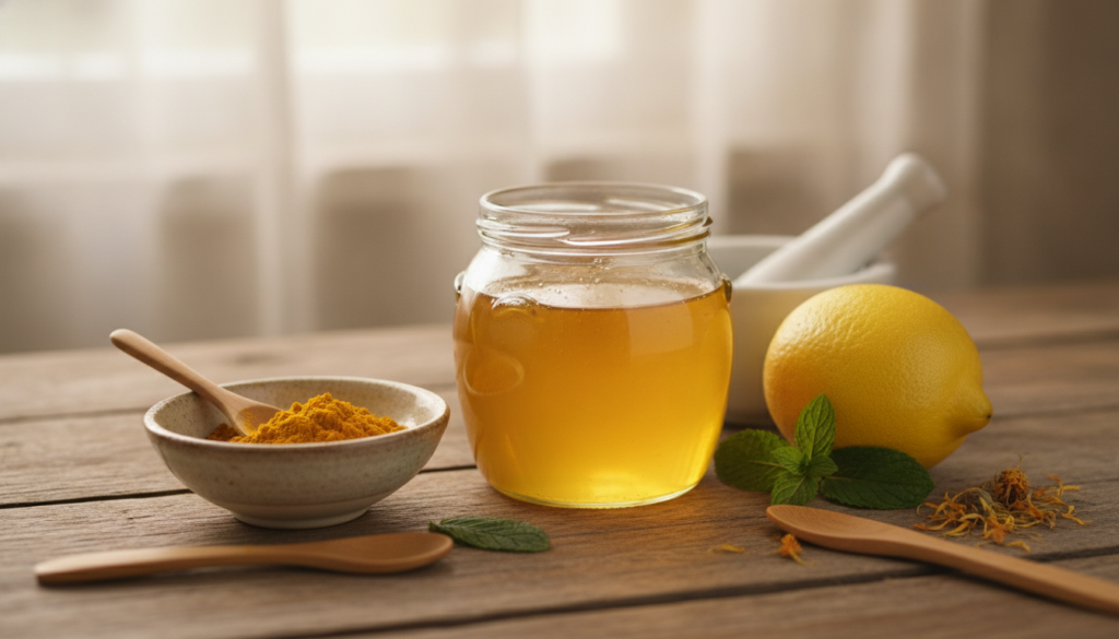 A beautiful arrangement of natural skincare ingredients including a jar of golden honey a small bowl of turmeric powder 