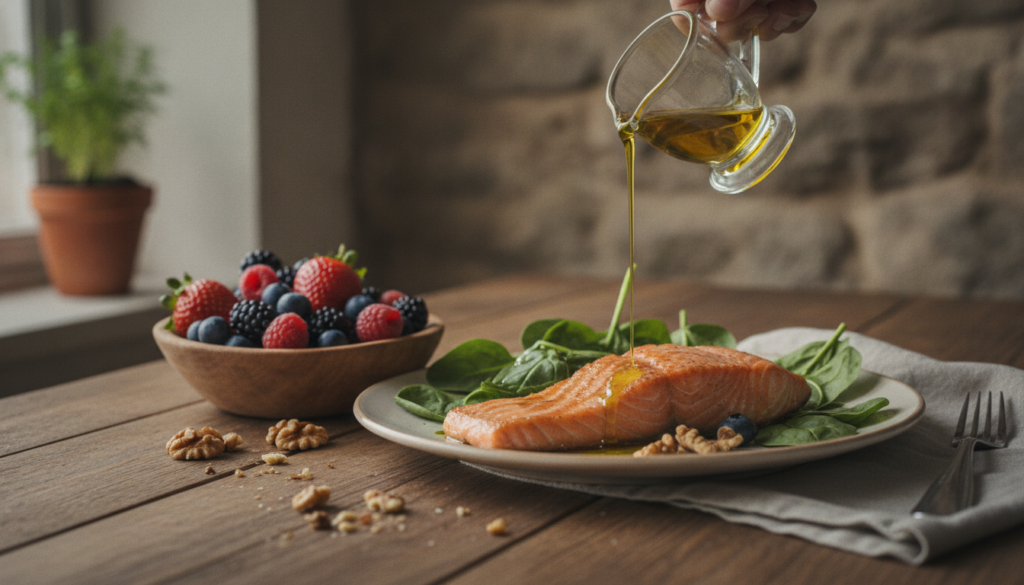 A vibrant plate of diverse healthy foods including fatty fish berries leafy greens nuts and olive oil symbolizing foods 