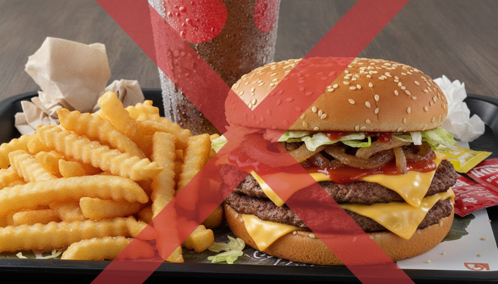 A visual contrast showing a plate of highly processed foods like a burger fries and a sugary drink next to a crossed-out