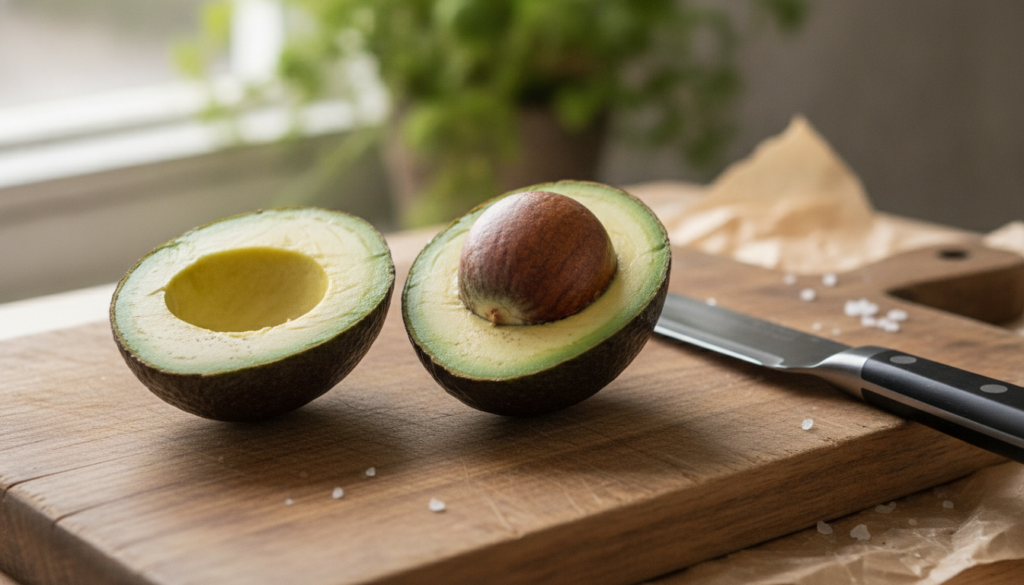 A perfectly ripe avocado cut in half showcasing its creamy green flesh and large pit with a knife resting nearby on a ru