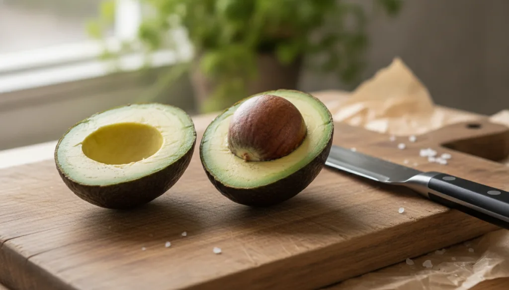 A perfectly ripe avocado cut in half showcasing its creamy green flesh and large pit with a knife resting nearby on a ru