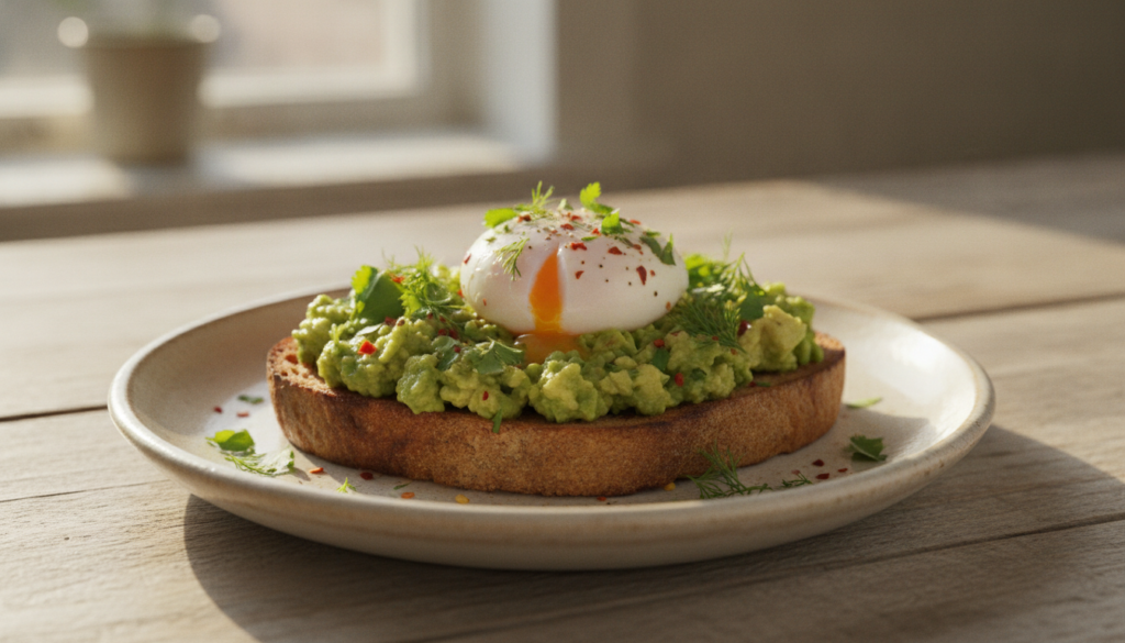 A vibrant and healthy avocado toast with a perfectly poached egg on top garnished with chili flakes and fresh herbs plac
