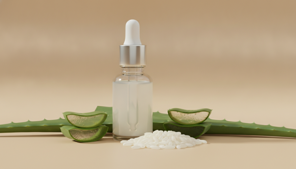 A close-up of a glass bottle containing a milky white serum representing rice water and aloe vera with fresh rice grains