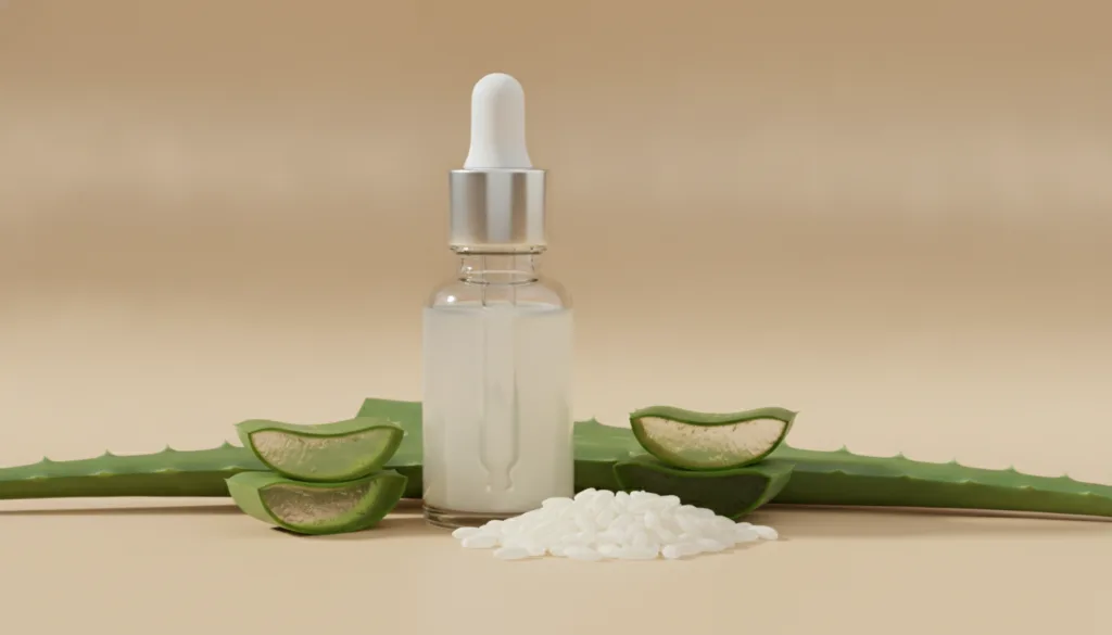 A close-up of a glass bottle containing a milky white serum representing rice water and aloe vera with fresh rice grains