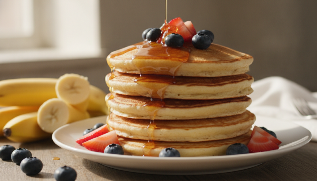 A stack of fluffy banana pancakes topped with fresh berries and maple syrup