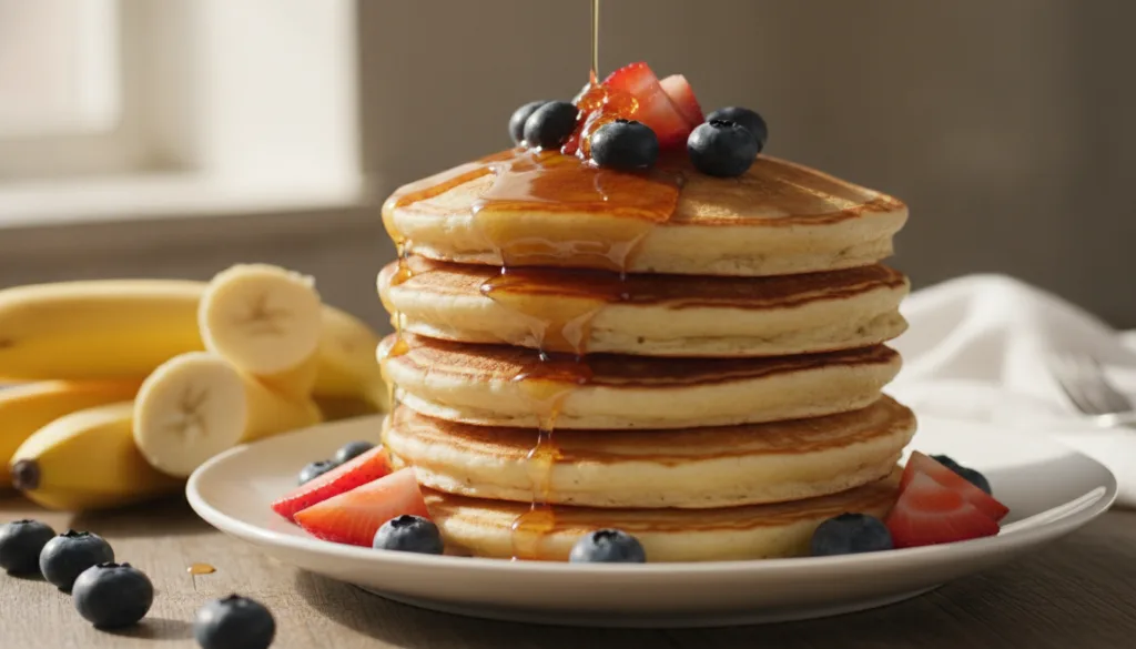A stack of fluffy banana pancakes topped with fresh berries and maple syrup